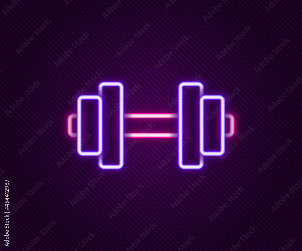 Glowing neon line Dumbbell icon isolated on black background. Muscle lifting icon, fitness barbell, gym, sports equipment, exercise bumbbell. Colorful outline concept. Vector Glowing neon line Dumbbell icon isolated on black background. Muscle lifting icon, fitness barbell, gym, sports equipment, exercise bumbbell. Colorful outline concept. Vector