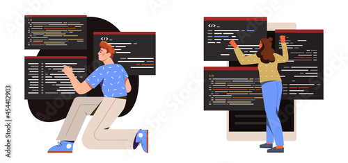 Collection of programmers at work. Man and woman develop website or application in special program on phone or computer. Creating digital product. Cartoon flat vector set isolated on white background