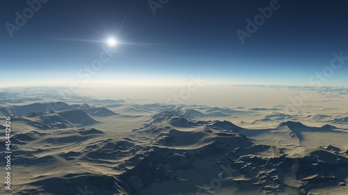 Beautiful views of the mountains and sky with unexplored planets