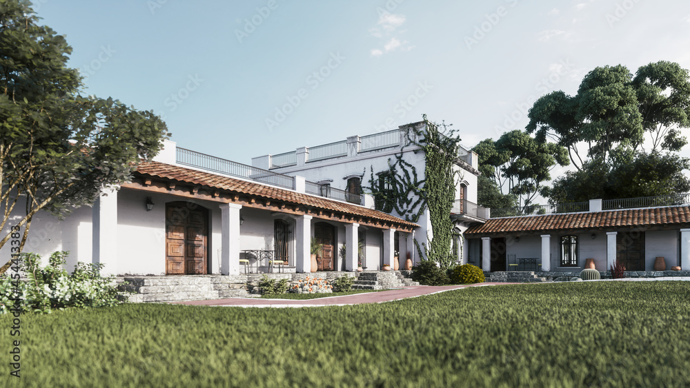 House with creeper plants. Old villa with green lawn. Mexican hacienda. 3d illustration