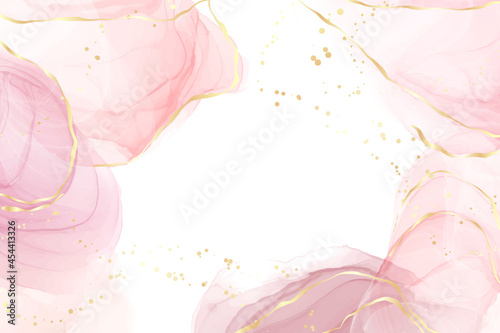 Leinwand Poster Abstract rose blush liquid watercolor background with golden lines, dots and stains