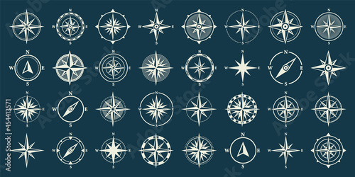 Vintage marine wind rose, nautical chart. Monochrome navigational compass with cardinal directions of North, East, South, West. Geographical position, cartography and navigation. Vector illustration.