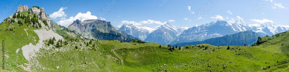 Panorama sur une vallée verte devant une chaine de montagne 