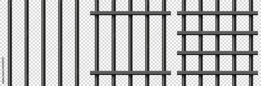 Fototapeta premium Black realistic metal prison bars. Detailed jail cage, prison iron fence. Criminal background mockup. Creative vector illustration.