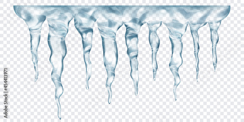 Group of translucent gray realistic icicles of different lengths, connected at the top, isolated on transparent background. Transparency only in vector format