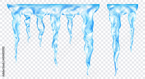 Group of translucent light blue realistic icicles of different lengths, connected at the top, isolated on transparent background. Transparency only in vector format