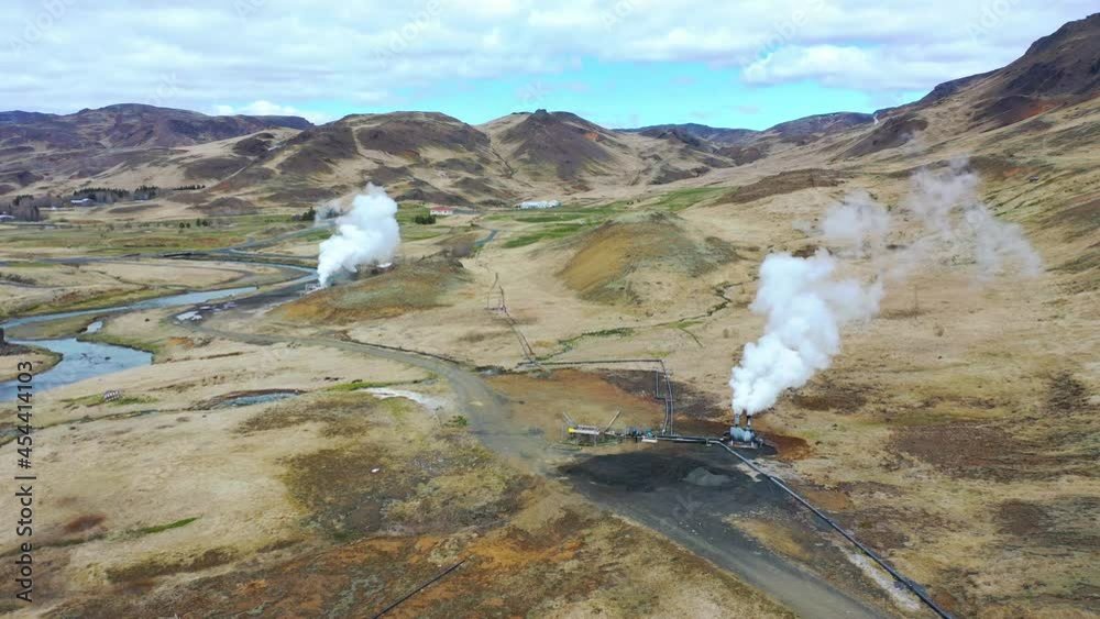 Iceland Mid Atlantic Ridge Rifting Beautiful aerial over the Hveragerdi geothermal region along the mid ...