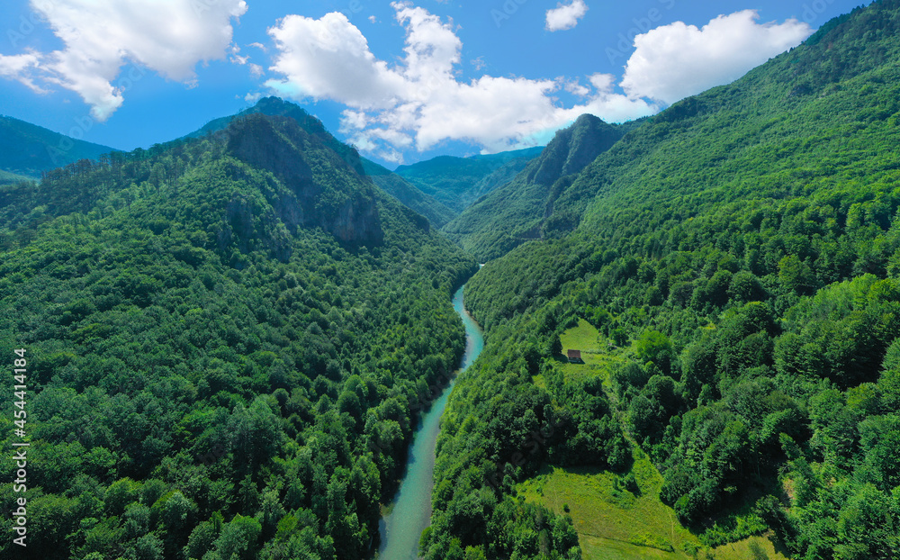 Tara river in the mountains of Montenegro, aerial view