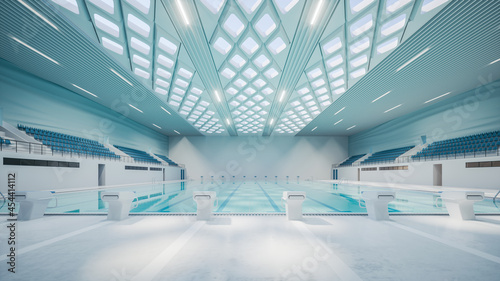 Olympic swimming pool interior. Empty indoor swimming pool. Swimming pool for training. indoor sport swimming pool. 3d illustration