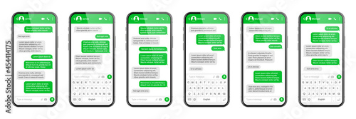 Realistic smartphone with messaging app. SMS text frame. Conversation chat screen with green message bubbles and placeholder text. Social media application. Vector illustration.