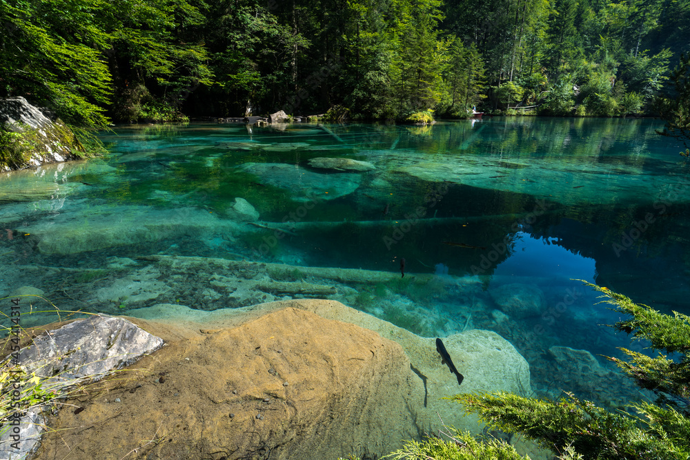 un rocher au bord d'un lac aux eaux bleues et transparentes, bordé de sapin