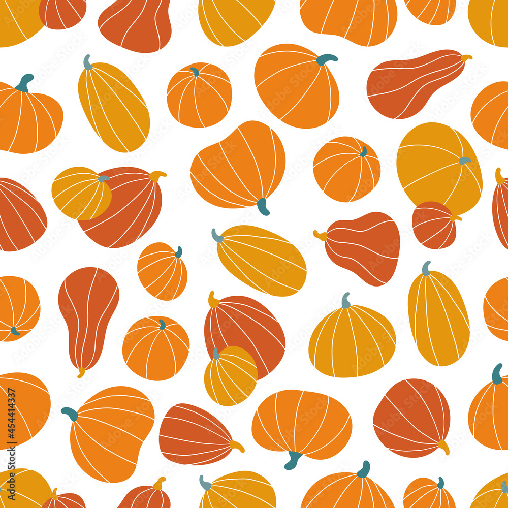 Seamless pattern with stylized pumpkins on white background. Hand drawn doodle vegetables for Halloween and Thanksgiving day. Vector illustration.