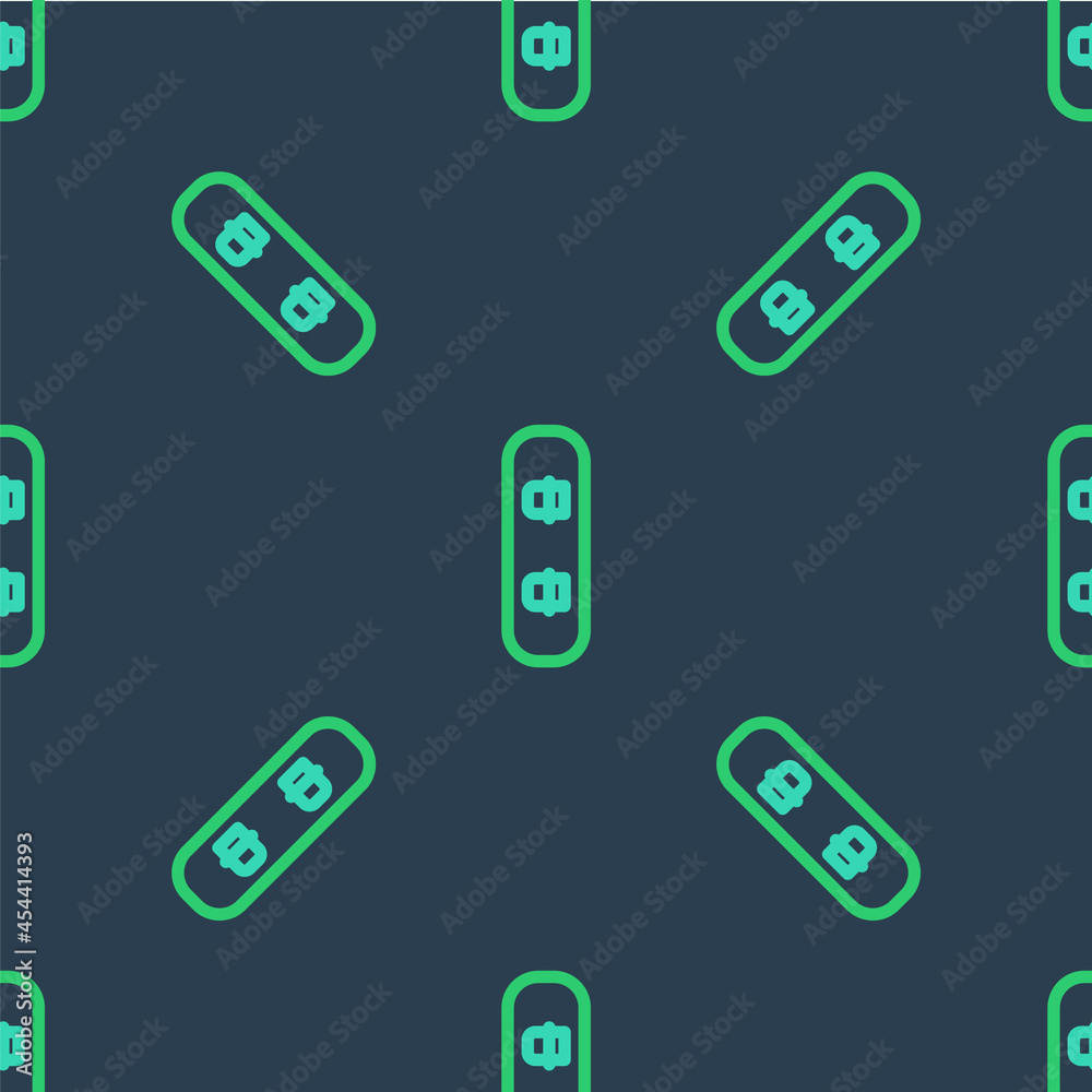 Line Snowboard icon isolated seamless pattern on blue background. Snowboarding board icon. Extreme sport. Sport equipment. Vector