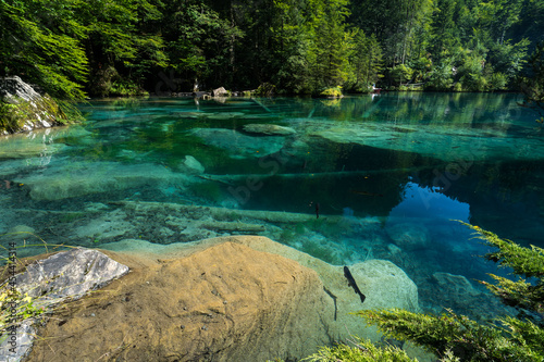 Fototapeta Naklejka Na Ścianę i Meble -  un rocher au bord d'un lac aux eaux bleues et transparentes, bordé de sapin