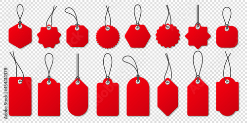 Realistic red price tags collection. Special offer or shopping discount label. Retail paper sticker. Blank promotional sale badge. Vector illustration.