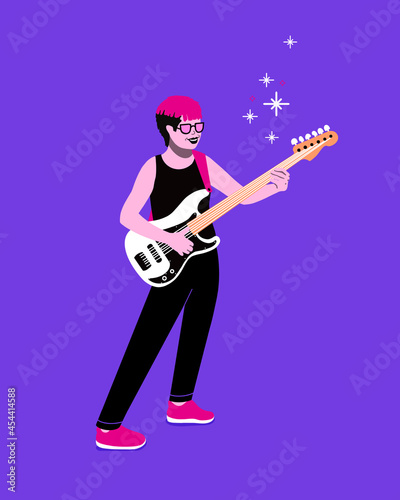 Guitar player with electric guitar on stage. non binary guitarist playing music on live show. Rock performance concert with instrument. happy musician making music.