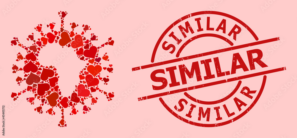Distress Similar seal, and red love heart pattern for African virus. Red round stamp seal contains Similar caption inside circle. African virus mosaic is created with red romantic items. Distress Similar seal, and red love heart pattern for African virus. Red round stamp seal contains Similar caption inside circle. African virus mosaic is created with red romantic items.