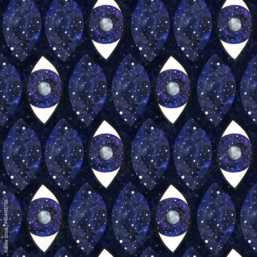 The universe is in open eyes. Abstract seamless pattern with the moon and space in the pupil. Stylish space ornament on a dark background. Decorative print with mystical watercolor illustrations