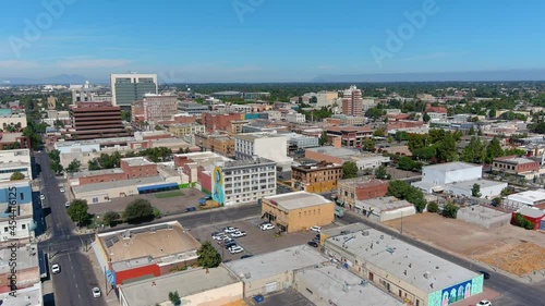 2021- aerial establishing shot downtown business district of Stockton, California. photo
