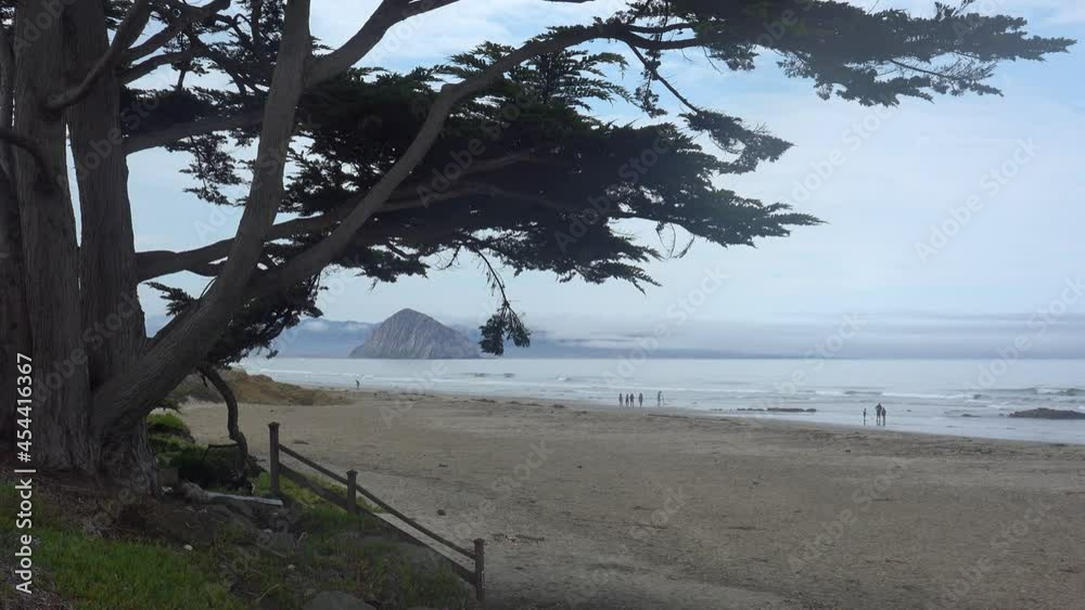 People walk on a beach near Morro Bay, California with Morro rock in distance. People walk on a beach near Morro Bay, California with Morro rock in distance.