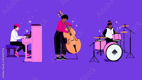 Jazz trio musician ensemble. Piano, drums and double bass concert. Live music show performance of pianist, contrabass and drummer. female musical ensemble 