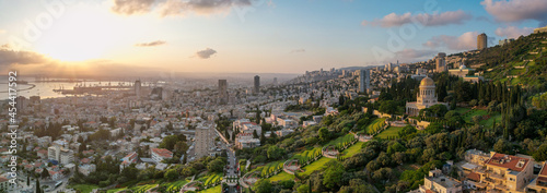 The cityscape of Haifa city and metropolitan area. Panoramic view of the Bahai gardens.