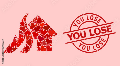 Distress You Lose stamp seal, and red love heart collage for burn house. Red round stamp seal has You Lose title inside circle. Burn house collage is designed from red romance elements.