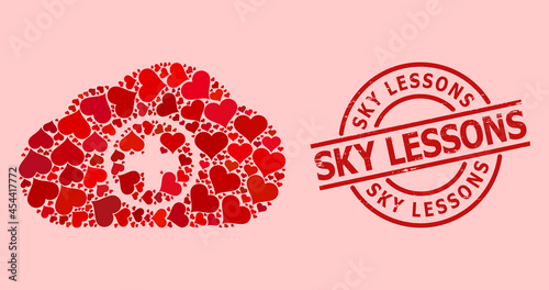 Distress Sky Lessons stamp seal, and red love heart mosaic for medical cloud. Red round stamp has Sky Lessons text inside circle. Medical cloud mosaic is composed from red romance symbols.