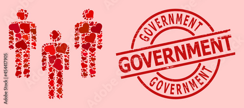 Grunge Government stamp seal, and red love heart mosaic for people crowd. Red round stamp seal includes Government tag inside circle. People crowd mosaic is formed with red valentine icons.