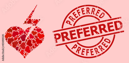 Distress Preferred stamp seal, and red love heart mosaic for heart strike. Red round stamp seal includes Preferred tag inside circle. Heart strike mosaic is composed from red valentine items.