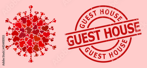 Scratched Guest House stamp, and red love heart collage for covid virus. Red round stamp contains Guest House title inside circle. Covid virus collage is composed of red romantic icons.