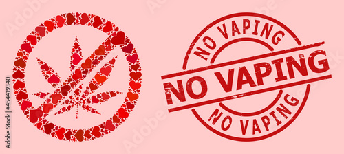 Textured No Vaping stamp seal, and red love heart mosaic for forbid cannabis. Red round stamp seal has No Vaping title inside circle. Forbid cannabis mosaic is created from red wedding icons.