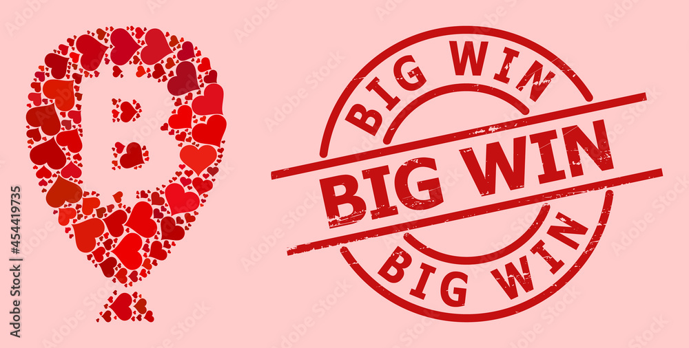 Grunge Big Win stamp, and red love heart mosaic for bitcoin balloon. Red round stamp contains Big Win text inside circle. Bitcoin balloon mosaic is composed from red dating items. Grunge Big Win stamp, and red love heart mosaic for bitcoin balloon. Red round stamp contains Big Win text inside circle. Bitcoin balloon mosaic is composed from red dating items.