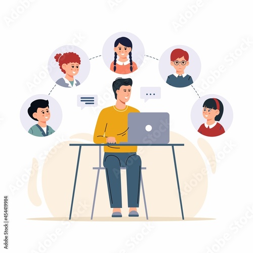 Learn from distance with teacher man, online education. Kids boy and girl studying lesson. Child learns remotely. Home school, web e-learning, knowledge concept. Vector flat style