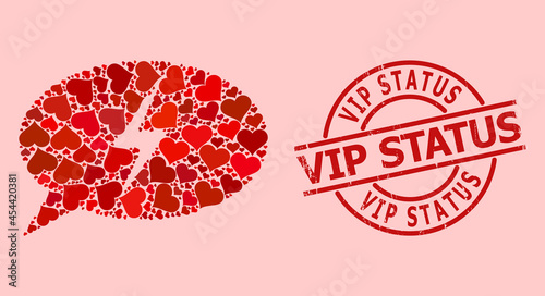 Scratched Vip Status stamp seal, and red love heart mosaic for emergency message. Red round seal contains Vip Status caption inside circle. Emergency message mosaic is composed from red romance icons.