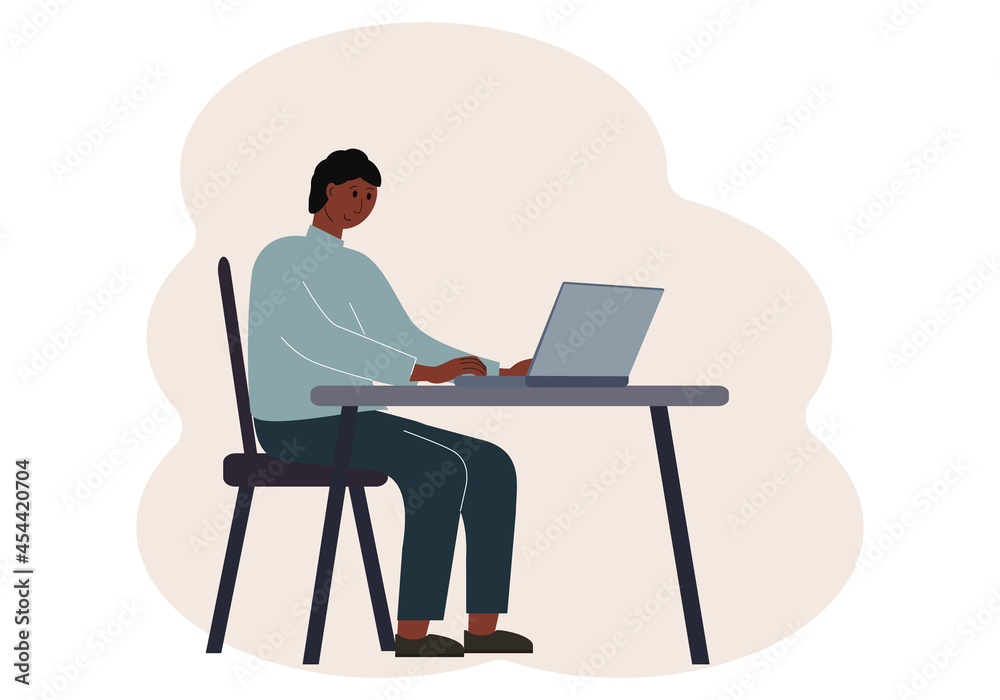 Illustration of a man in a workspace with a laptop. Online work or education concept