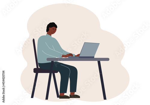 Illustration of a man in a workspace with a laptop. Online work or education concept