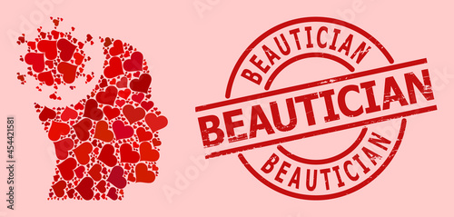 Rubber Beautician stamp seal, and red love heart mosaic for head virus. Red round stamp seal includes Beautician caption inside circle. Head virus mosaic is designed of red dating elements.