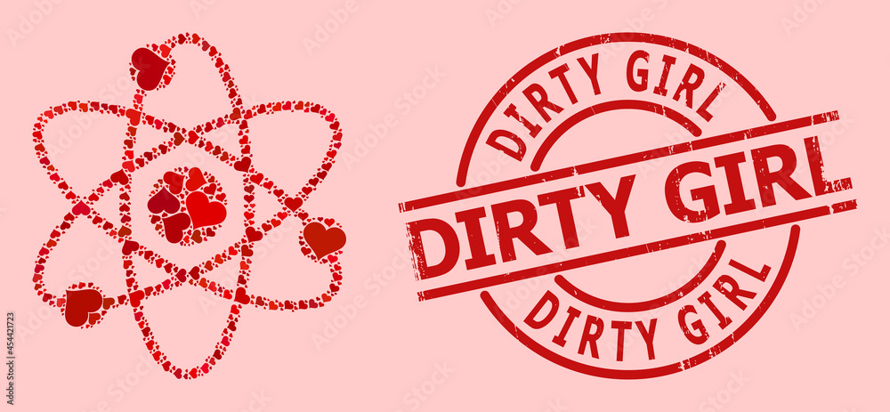 Scratched Dirty Girl stamp seal, and red love heart collage for atom electrons. Red round stamp has Dirty Girl tag inside circle. Atom electrons collage is made with red romance symbols. Scratched Dirty Girl stamp seal, and red love heart collage for atom electrons. Red round stamp has Dirty Girl tag inside circle. Atom electrons collage is made with red romance symbols.