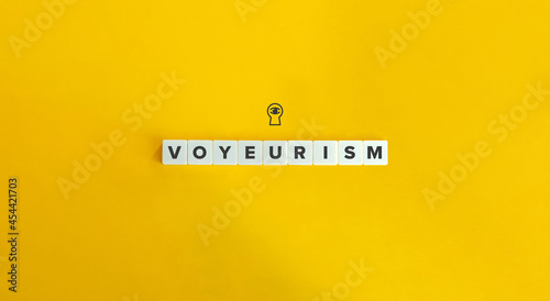 Voyeurism banner and conceptual image. Block letters and icon on bright orange background. Minimal aesthetics.