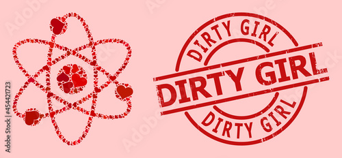 Scratched Dirty Girl stamp seal, and red love heart collage for atom electrons. Red round stamp has Dirty Girl tag inside circle. Atom electrons collage is made with red romance symbols.