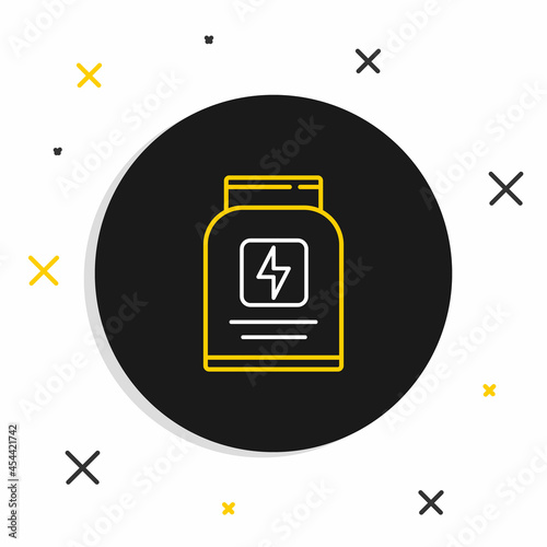 Line Sports nutrition bodybuilding proteine power drink and food icon isolated on white background. Colorful outline concept. Vector