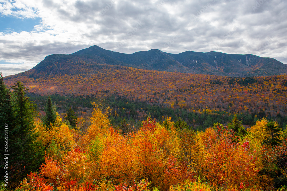 Hancock Notch Overlook on Kancamagus Highway in White Mountain National Forest in fall, Town of Lincoln, New Hampshire NH, USA.