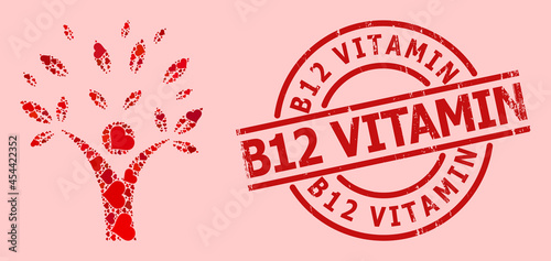 Grunge B12 Vitamin stamp, and red love heart collage for ecology man. Red round stamp includes B12 Vitamin text inside circle. Ecology man collage is done from red wedding symbols.