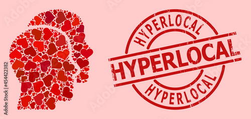 Grunge Hyperlocal stamp, and red love heart mosaic for man heads. Red round stamp includes Hyperlocal text inside circle. Man heads mosaic is designed of red romance icons.