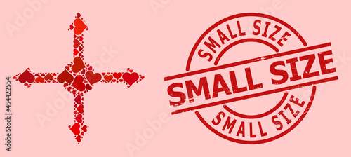 Grunge Small Size seal, and red love heart mosaic for expand. Red round stamp seal contains Small Size title inside circle. Expand mosaic is constructed from red valentine items.