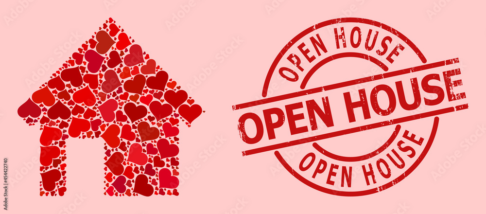 Distress Open House stamp seal, and red love heart mosaic for house. Red round stamp seal has Open House tag inside circle. House collage is made of red valentine icons. Distress Open House stamp seal, and red love heart mosaic for house. Red round stamp seal has Open House tag inside circle. House collage is made of red valentine icons.