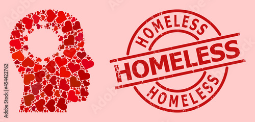 Rubber Homeless stamp, and red love heart mosaic for brain infection. Red round stamp has Homeless text inside circle. Brain infection mosaic is created of red romance elements.