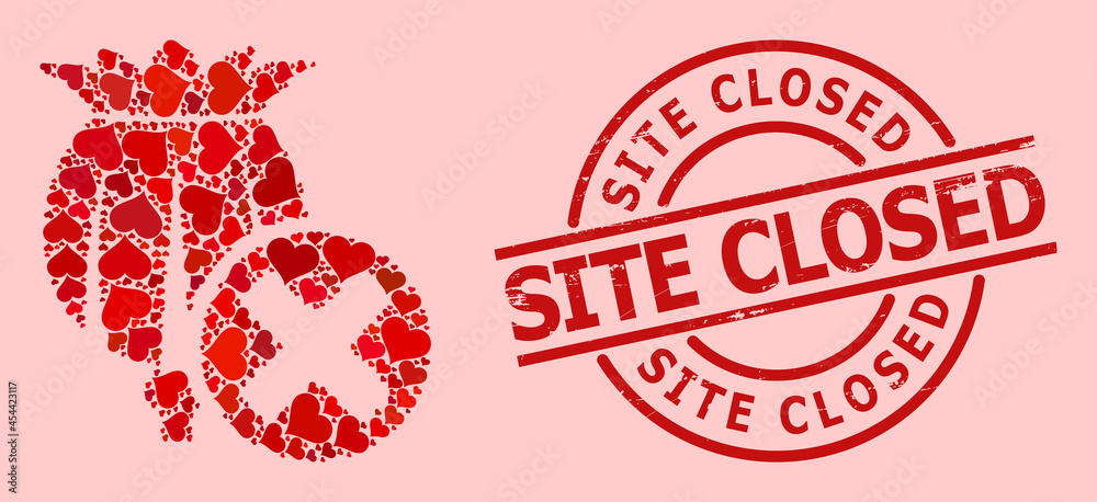 Scratched Site Closed stamp seal, and red love heart collage for forbid poppy. Red round stamp seal has Site Closed title inside circle. Forbid poppy collage is designed of red valentine symbols. Scratched Site Closed stamp seal, and red love heart collage for forbid poppy. Red round stamp seal has Site Closed title inside circle. Forbid poppy collage is designed of red valentine symbols.