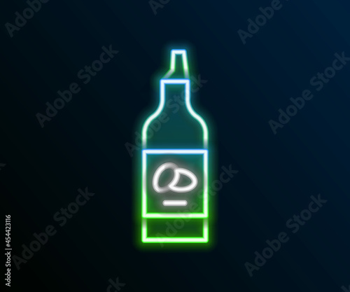 Glowing neon line Bottle of olive oil icon isolated on black background. Jug with olive oil icon. Colorful outline concept. Vector